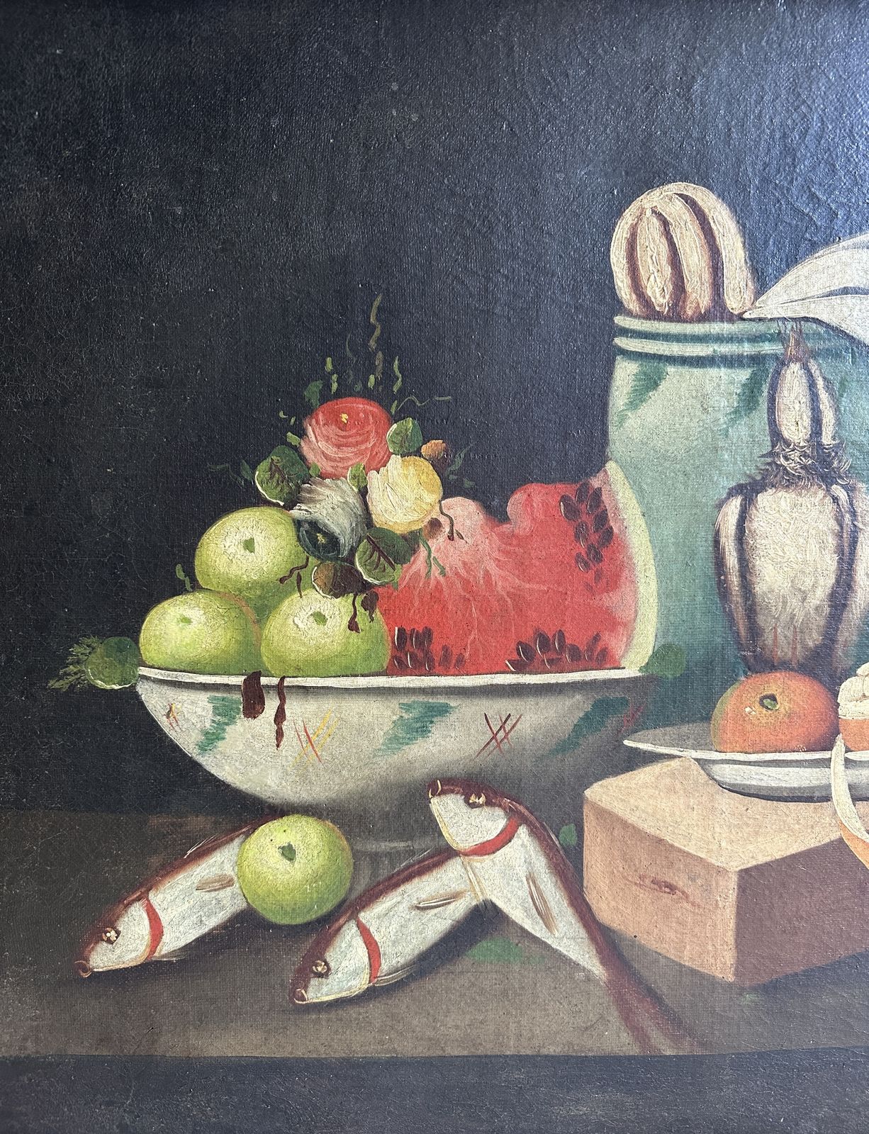 Large Antique Spanish Still Life Oil Painting | Fish, Fruit, Poultry & Bread | 19th Century photo furniture