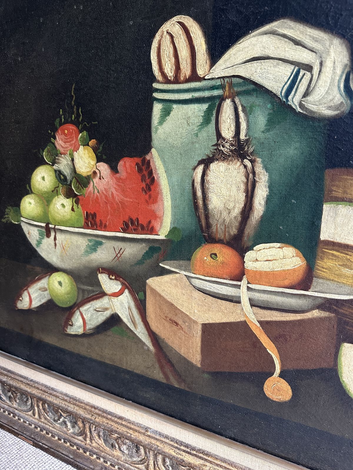 Large Antique Spanish Still Life Oil Painting | Fish, Fruit, Poultry & Bread | 19th Century photo Art