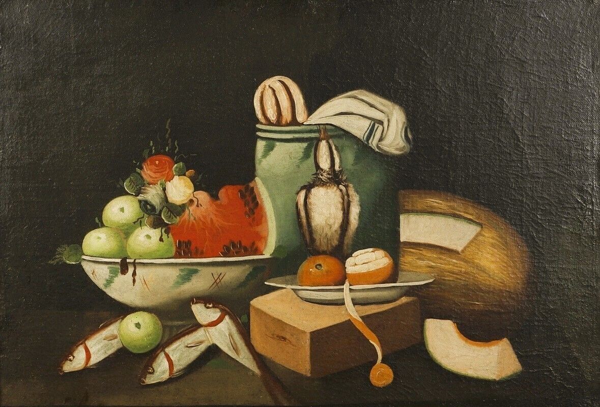 Large Antique Spanish Still Life Oil Painting | Fish, Fruit, Poultry & Bread | 19th Century photo 2250.0