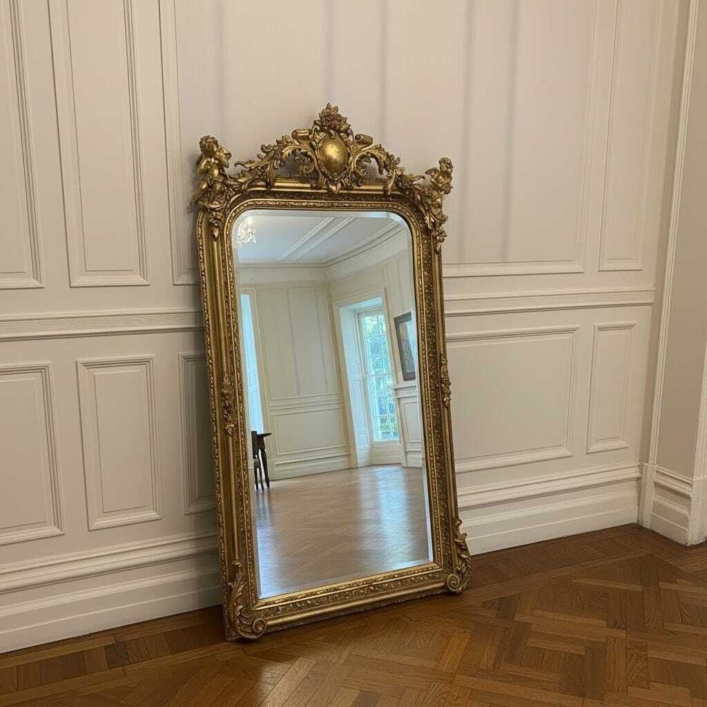 Gilt Wood French Mirror With Cherub Detail photo for sale