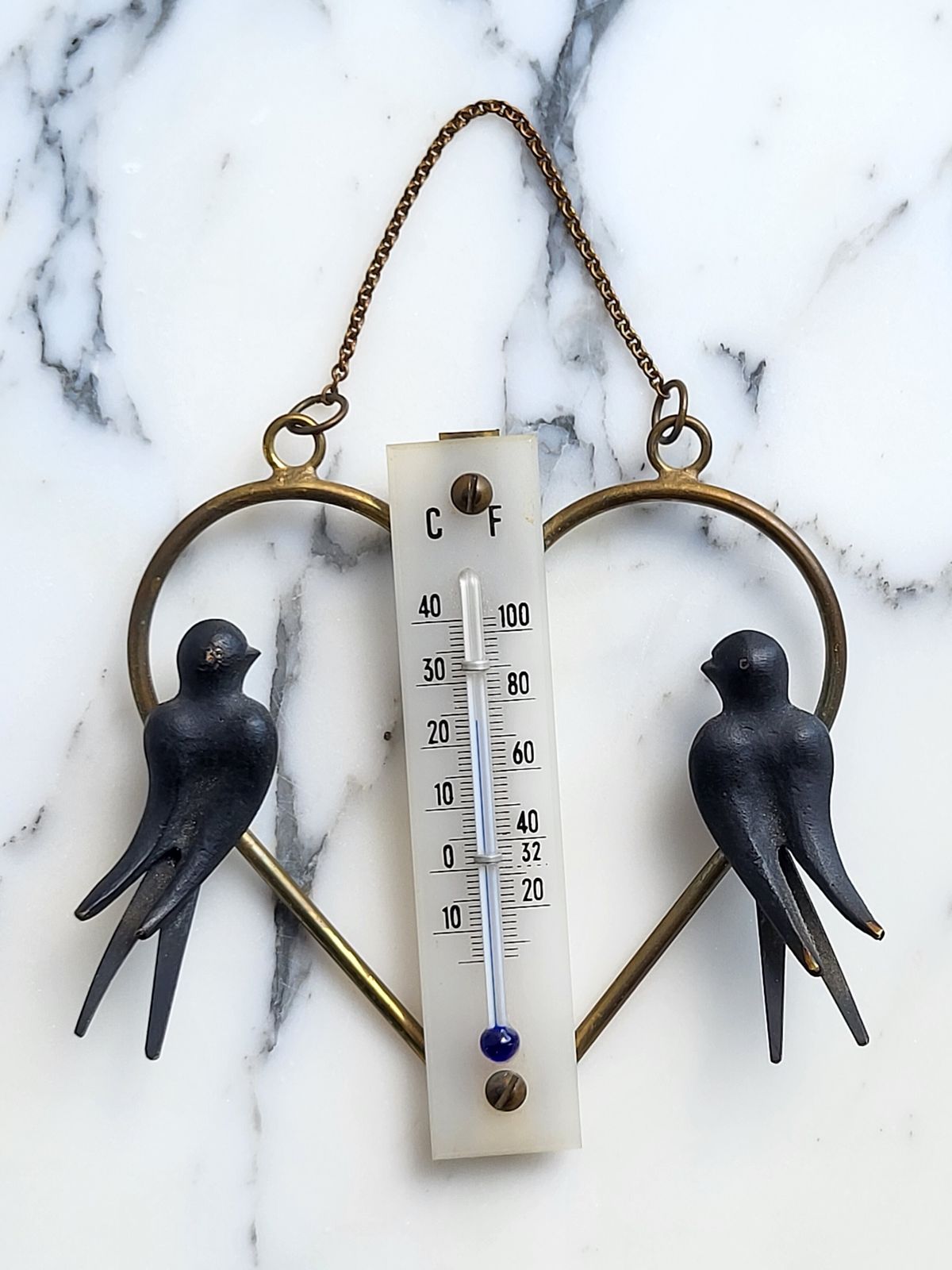 Mid Century Modern Heart Shaped Wall Thermometer With Swallows, Walter Bosse For Herta Baller, Austria, 1950s