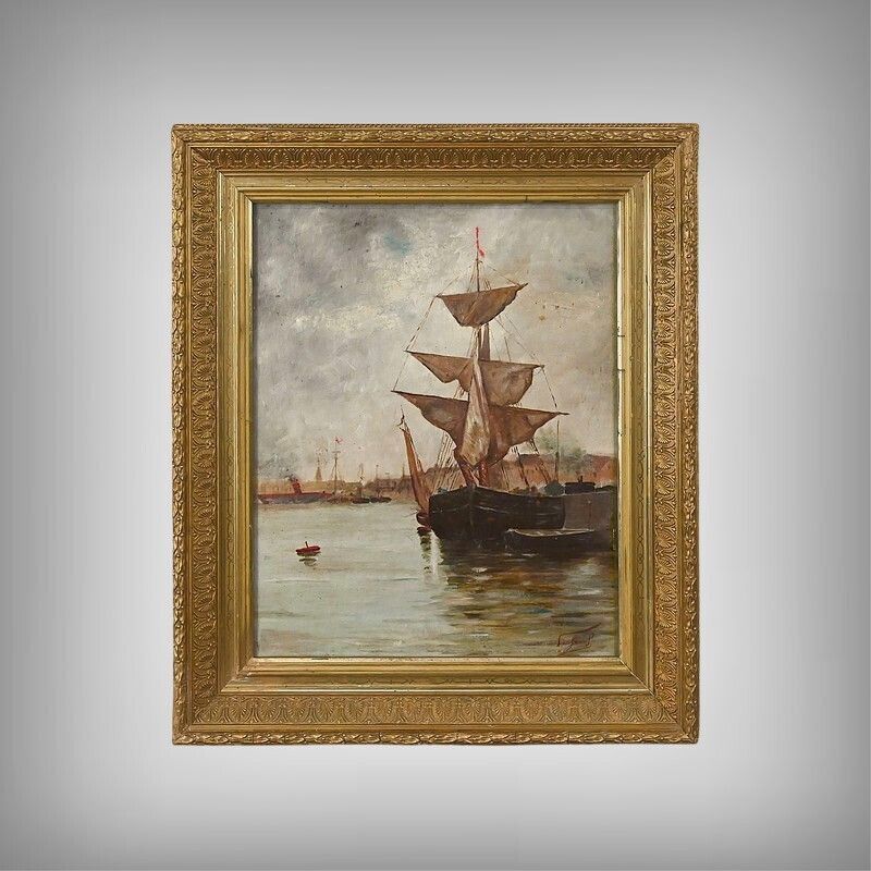 Painting "Sailboat On A Calm Sea", Oil On Canvas – Late 19th Century
