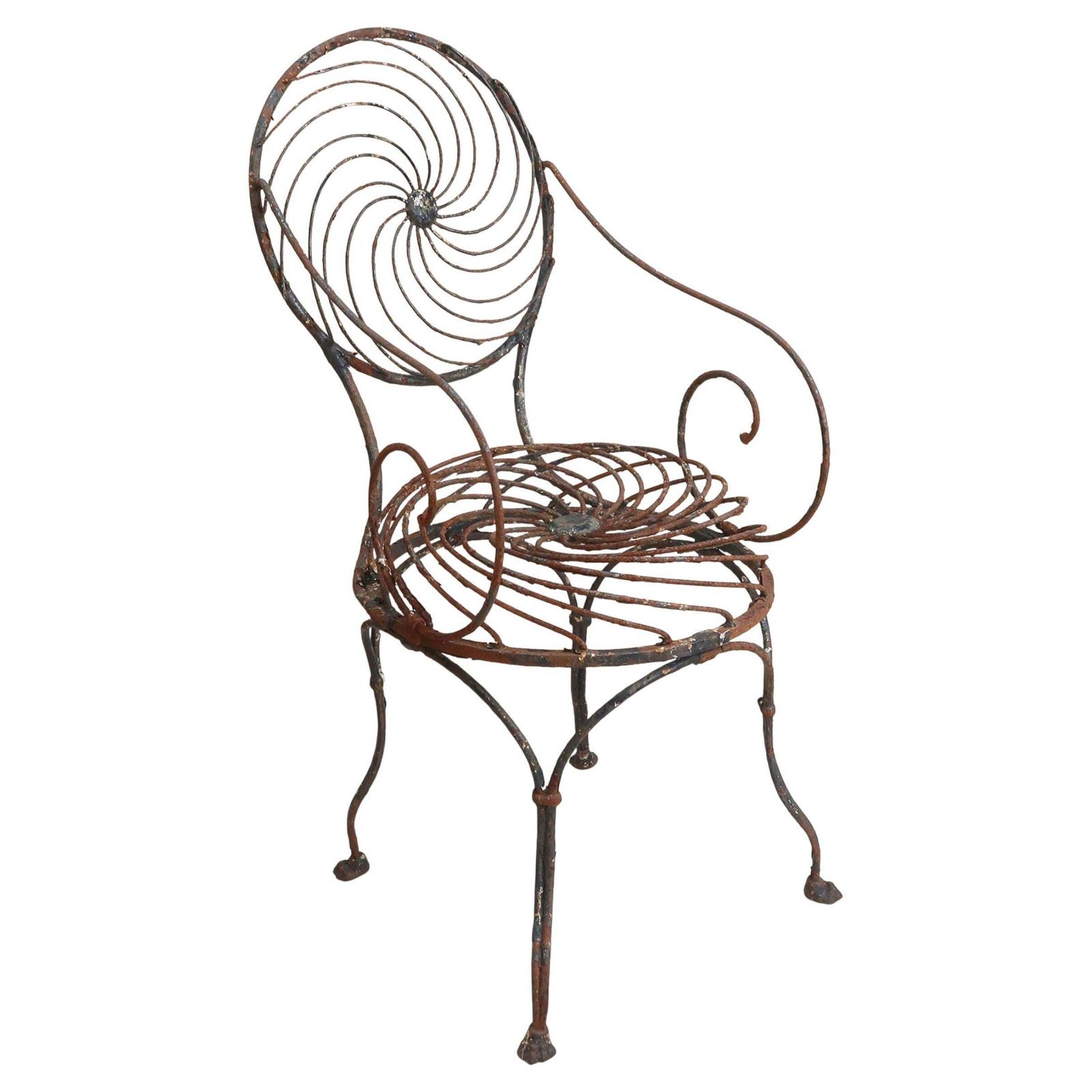 Antique Wrought Iron Garden Chair With Spiral Pinwheel Design. English C.1870