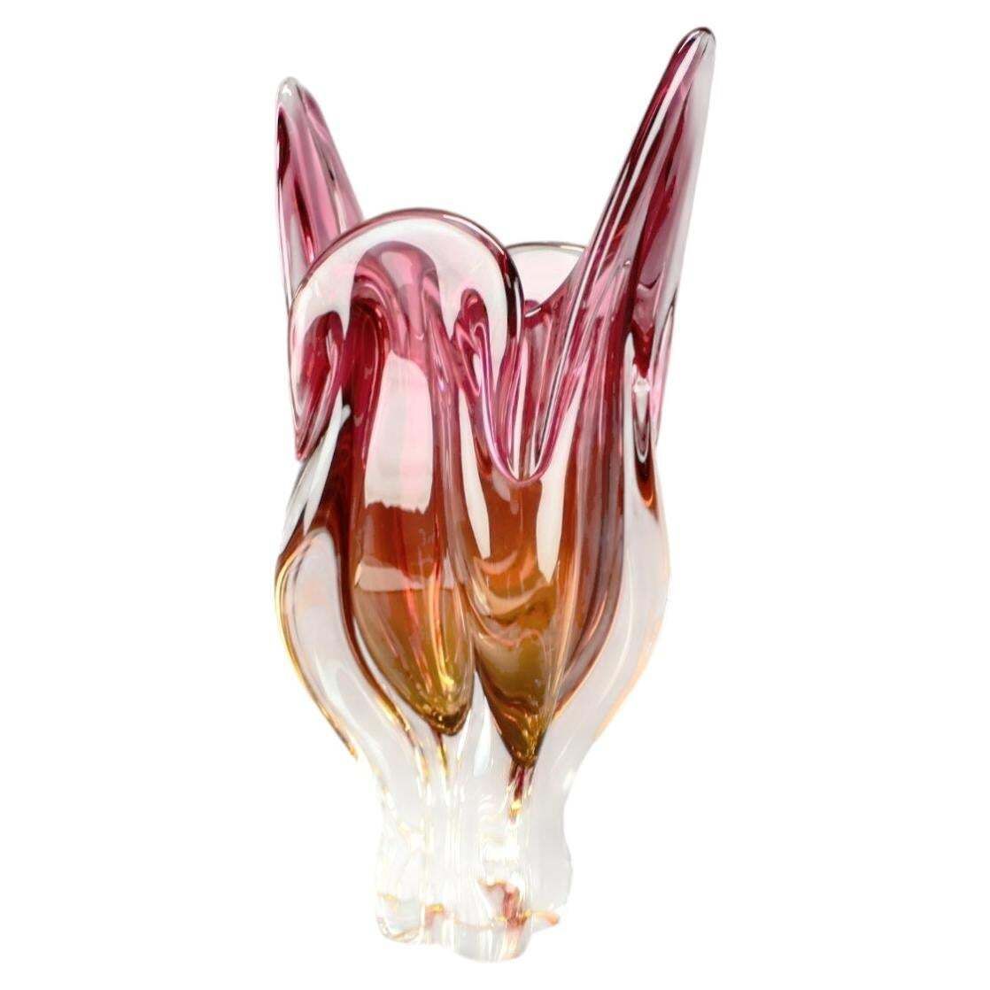 Mid-Century roze en amberkleurige kunstglazen vaas van Josef Hospodka, jaren 1960