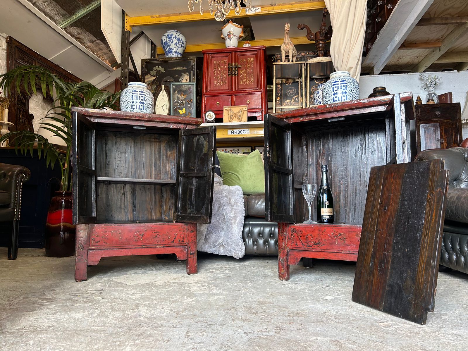 Pair Of Antique Chinese Red Lacquered Drinks Cabinets Oversized Side Tables photo 1200.0