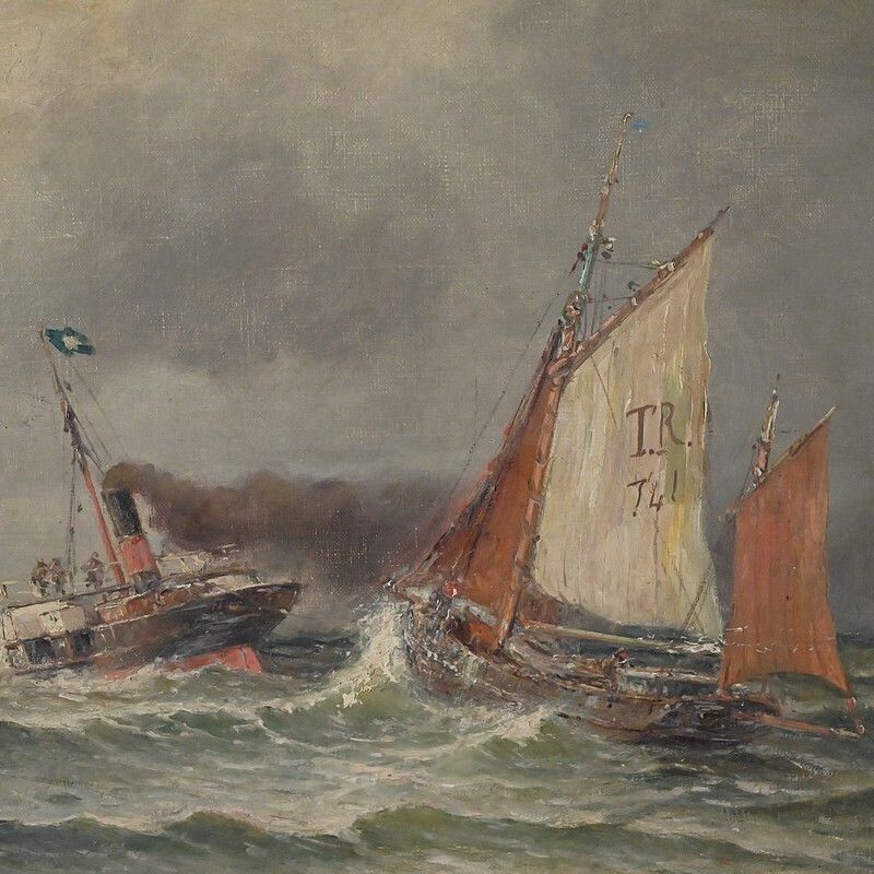 Painting "Entrance To The Port By Rough Seas", Oil On Canvas, Signed C. Demont – Early 20th Century photo furniture