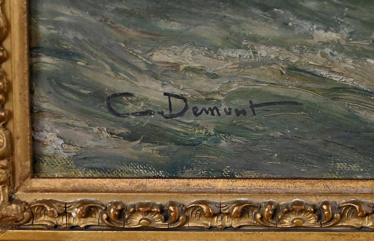 photo vintage Painting "Entrance To The Port By Rough Seas", Oil On Canvas, Signed C. Demont – Early 20th Century