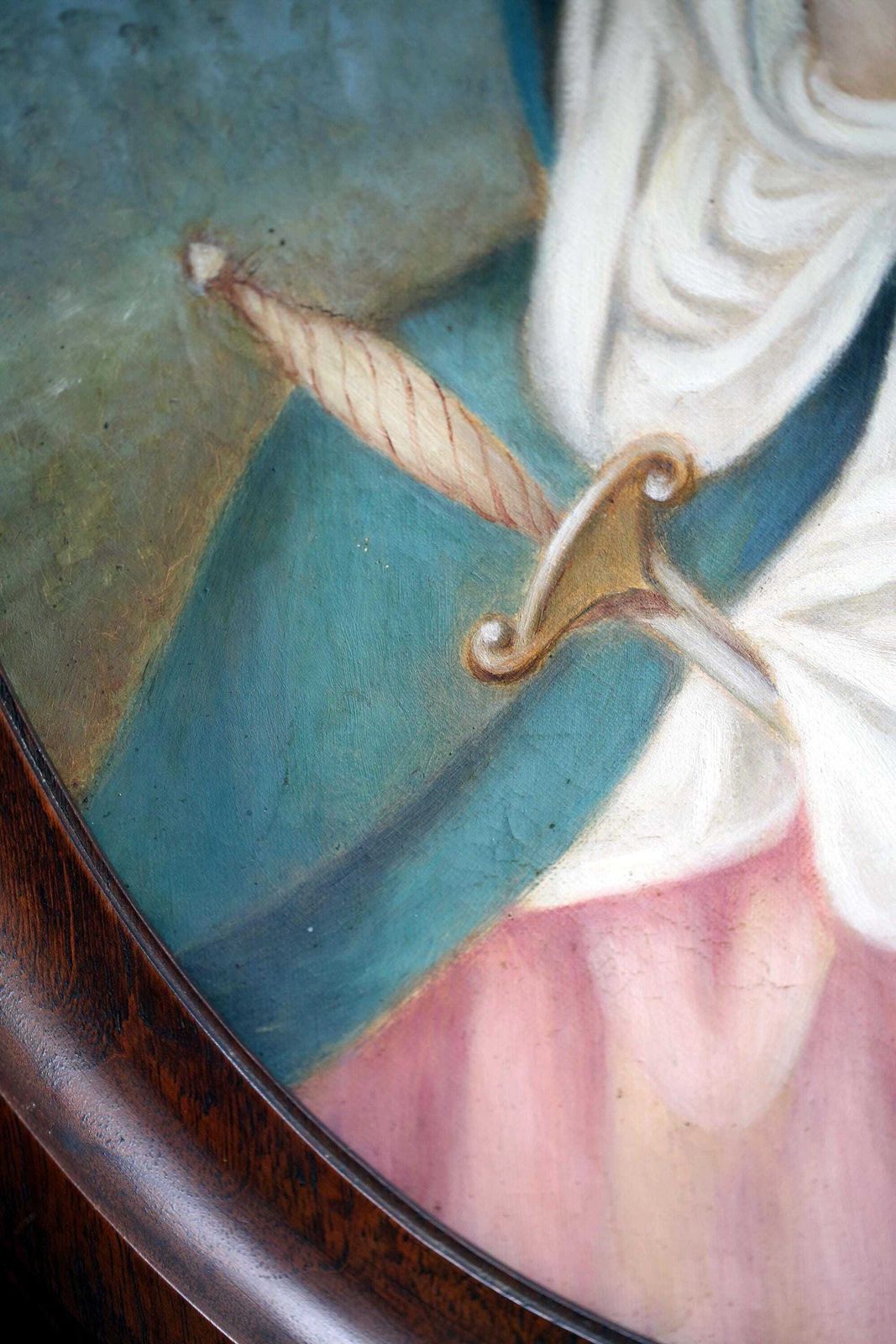 Antique Our Lady Of Sorrows Oil Painting On Canvas Oval Madonna Portrait Virgin Mary photo 204.0