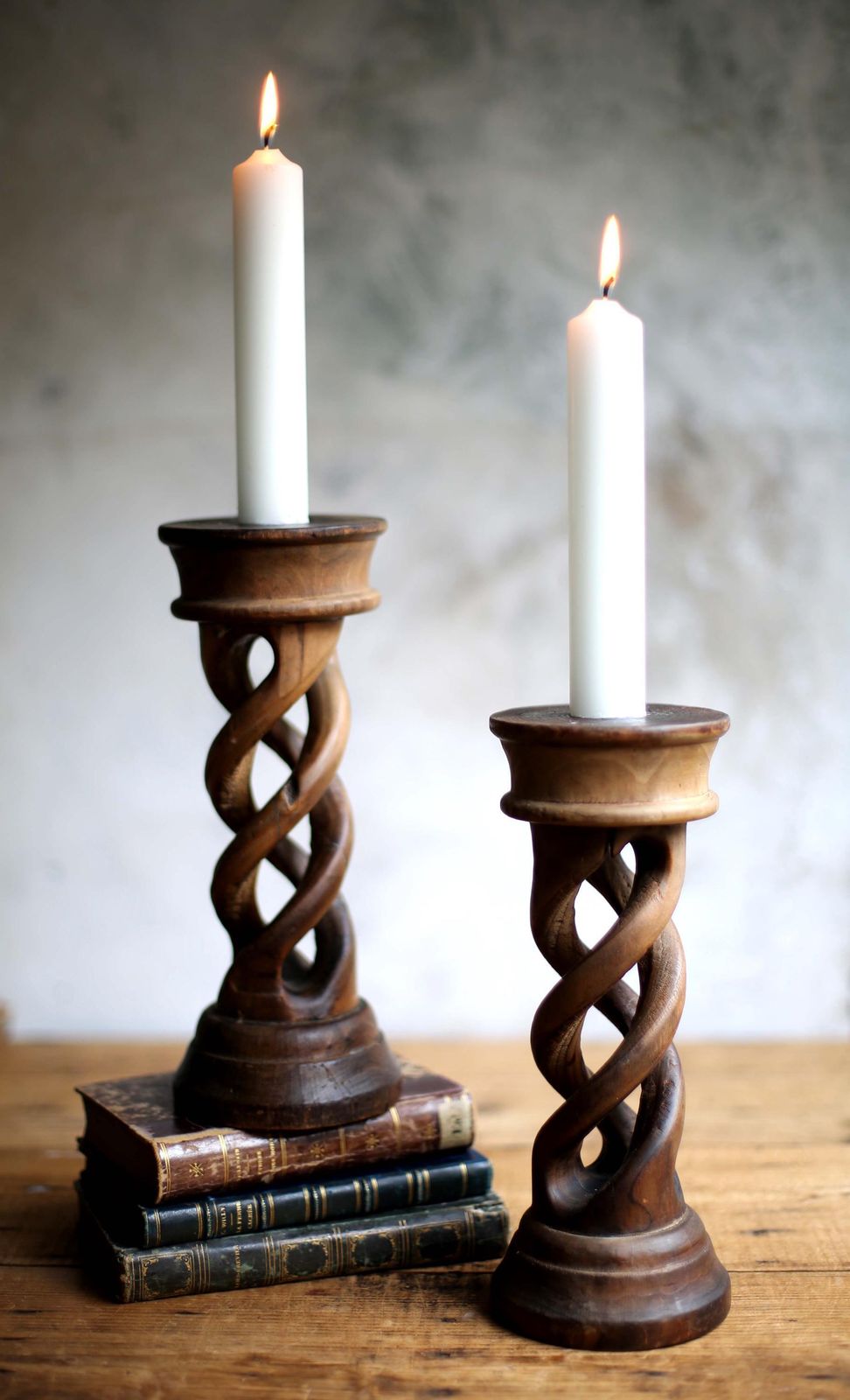 Pair Of Antique Open Barley Twist Candlesticks Carved Wood Spiral Candle Holders