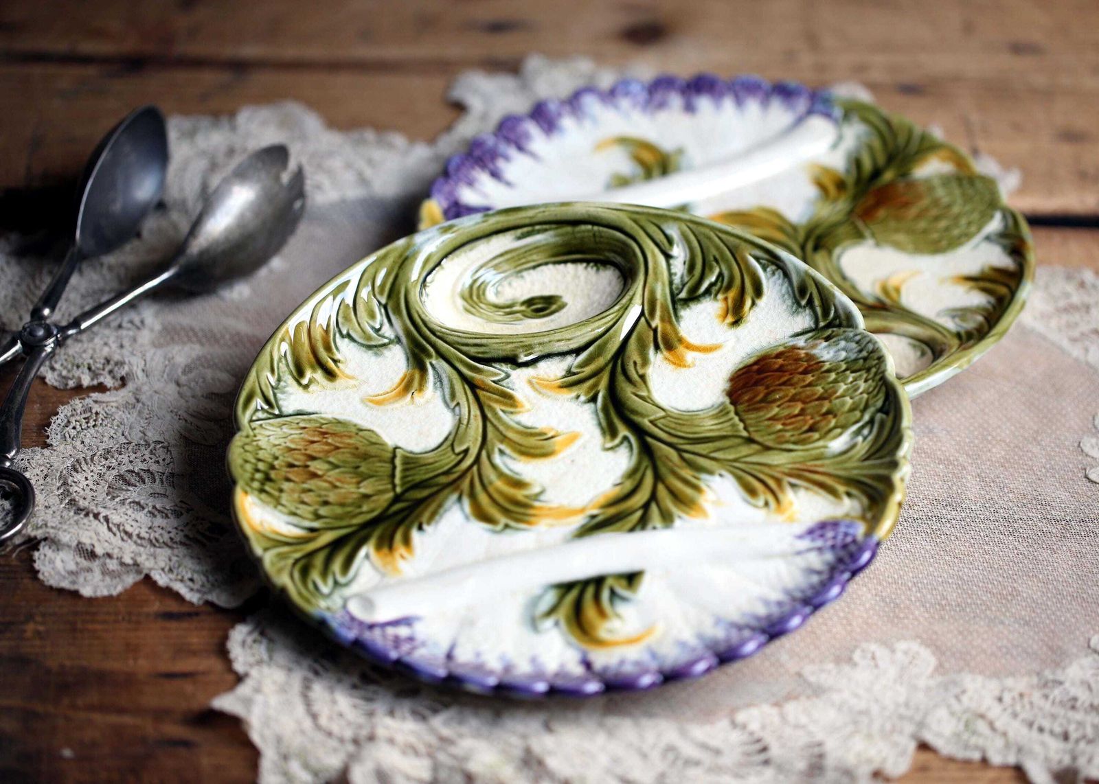 2 Antique Artichoke Plates Set Of Majolica French Asparagus Barbotine Serving Dishes Orchies photo furniture