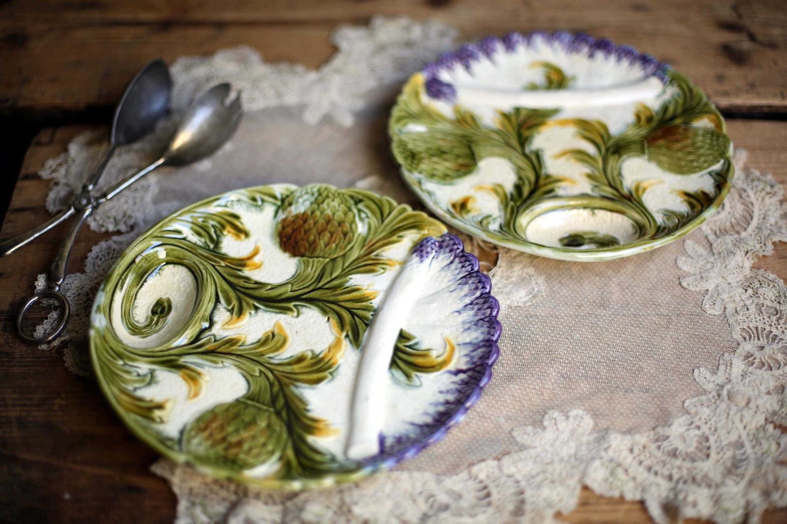 2 Antique Artichoke Plates Set Of Majolica French Asparagus Barbotine Serving Dishes Orchies photo Home Decor