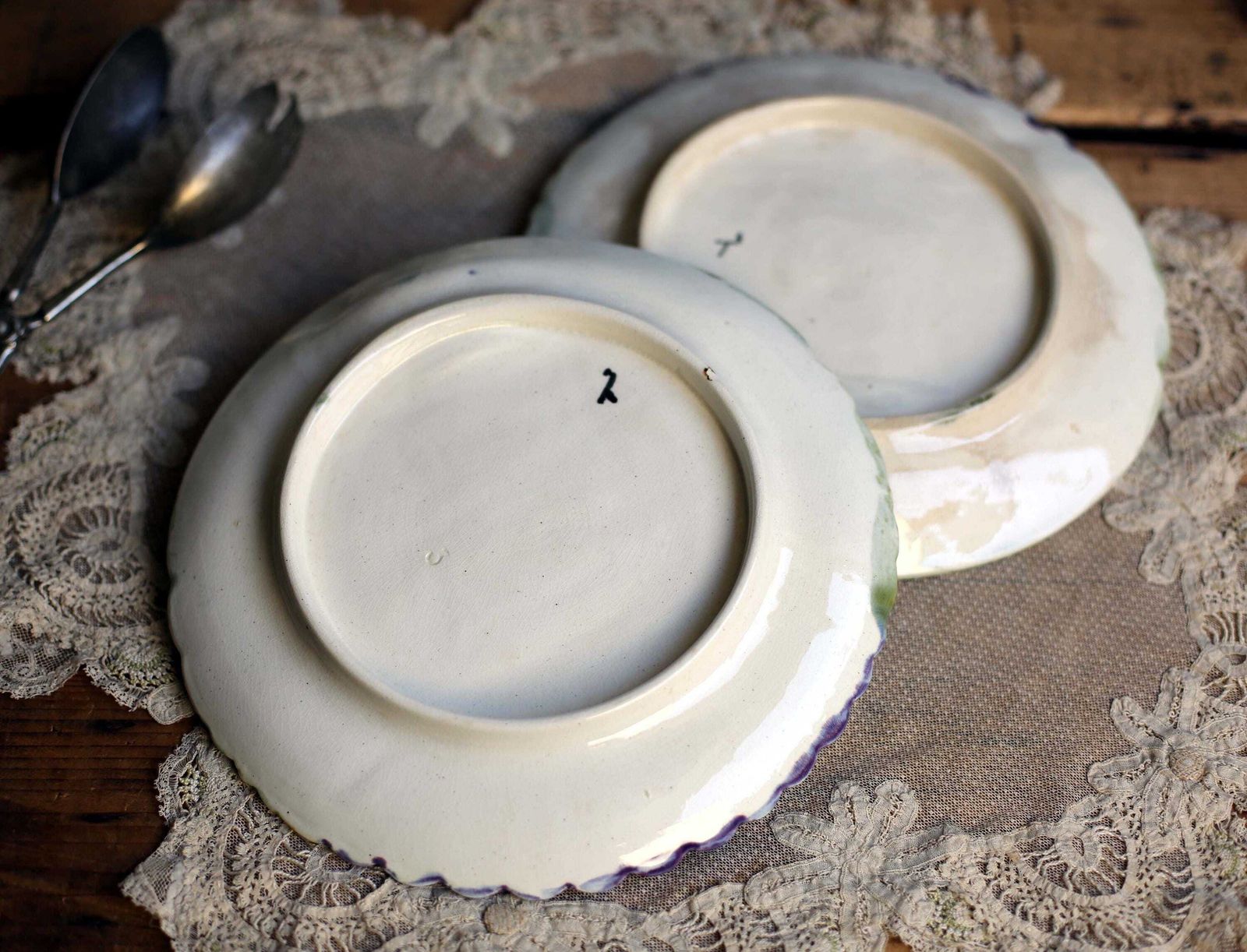 2 Antique Artichoke Plates Set Of Majolica French Asparagus Barbotine Serving Dishes Orchies photo vinterior