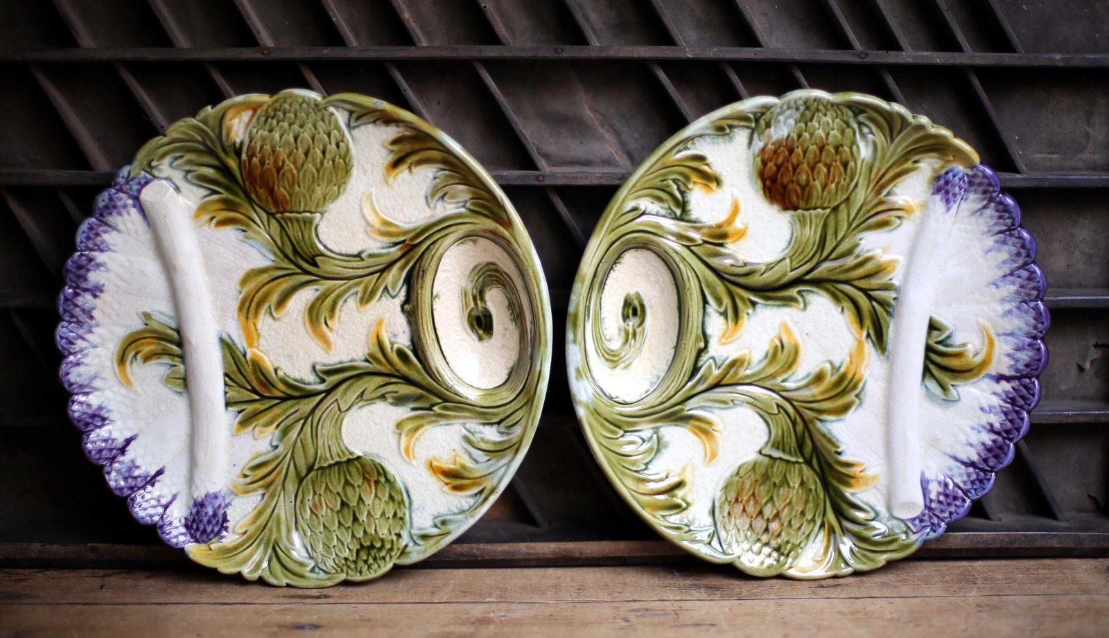 2 Antique Artichoke Plates Set Of Majolica French Asparagus Barbotine Serving Dishes Orchies photo vintage