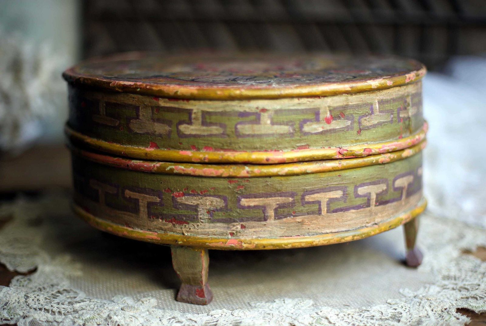 photo furniture Antique German Bride Box 18th Century Round Hand Painted Bentwood Folk Art Wedding Chest