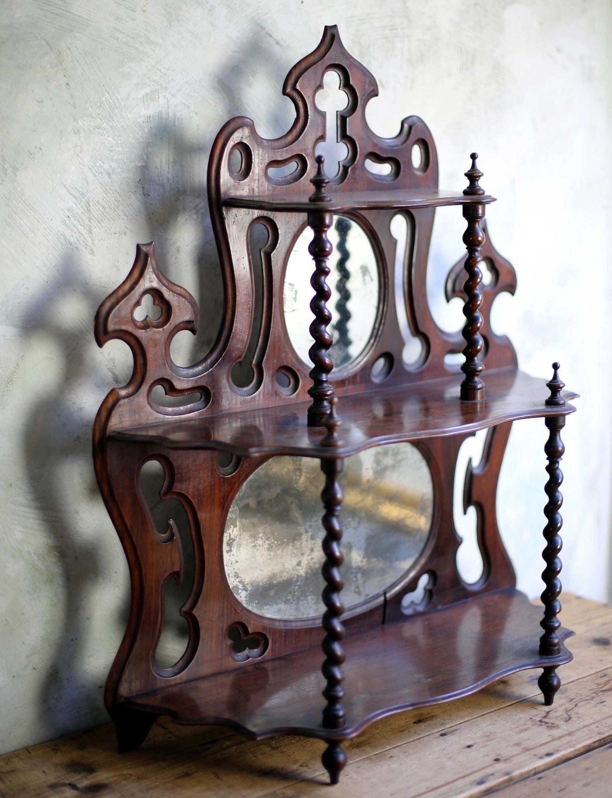 Antique Barely Twist Shelves French Art Nouveau Carved Wooden Shelf Mercury Glass Mirror photo for sale