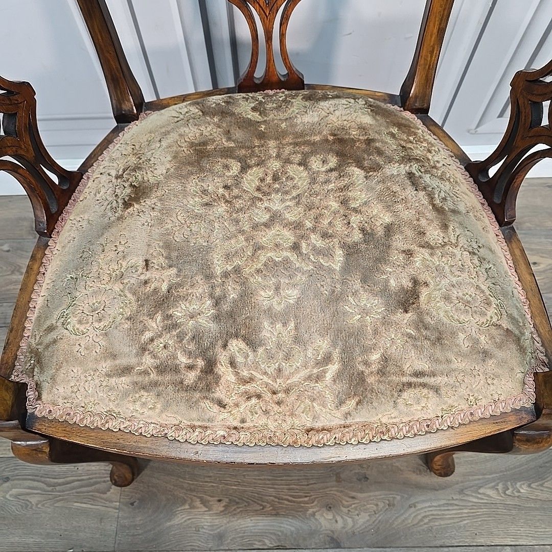 Antique Inlaid Armchair Edwardian Bedroom Chair Upholstered Wooden Elbow Seat photo vintage