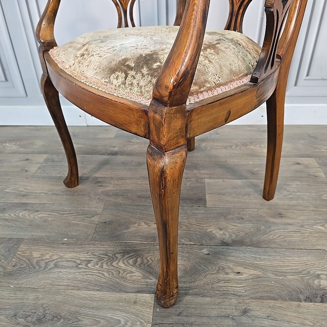 170.0 Antique Inlaid Armchair Edwardian Bedroom Chair Upholstered Wooden Elbow Seat photo