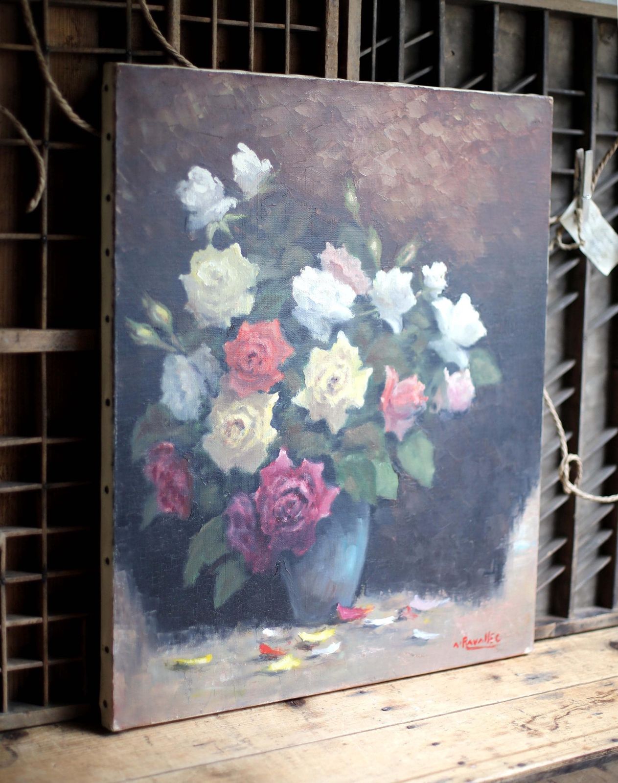 Original Adrien Ravallec Still Life Oil Painting Roses On Canvas Antique Floral Art photo furniture