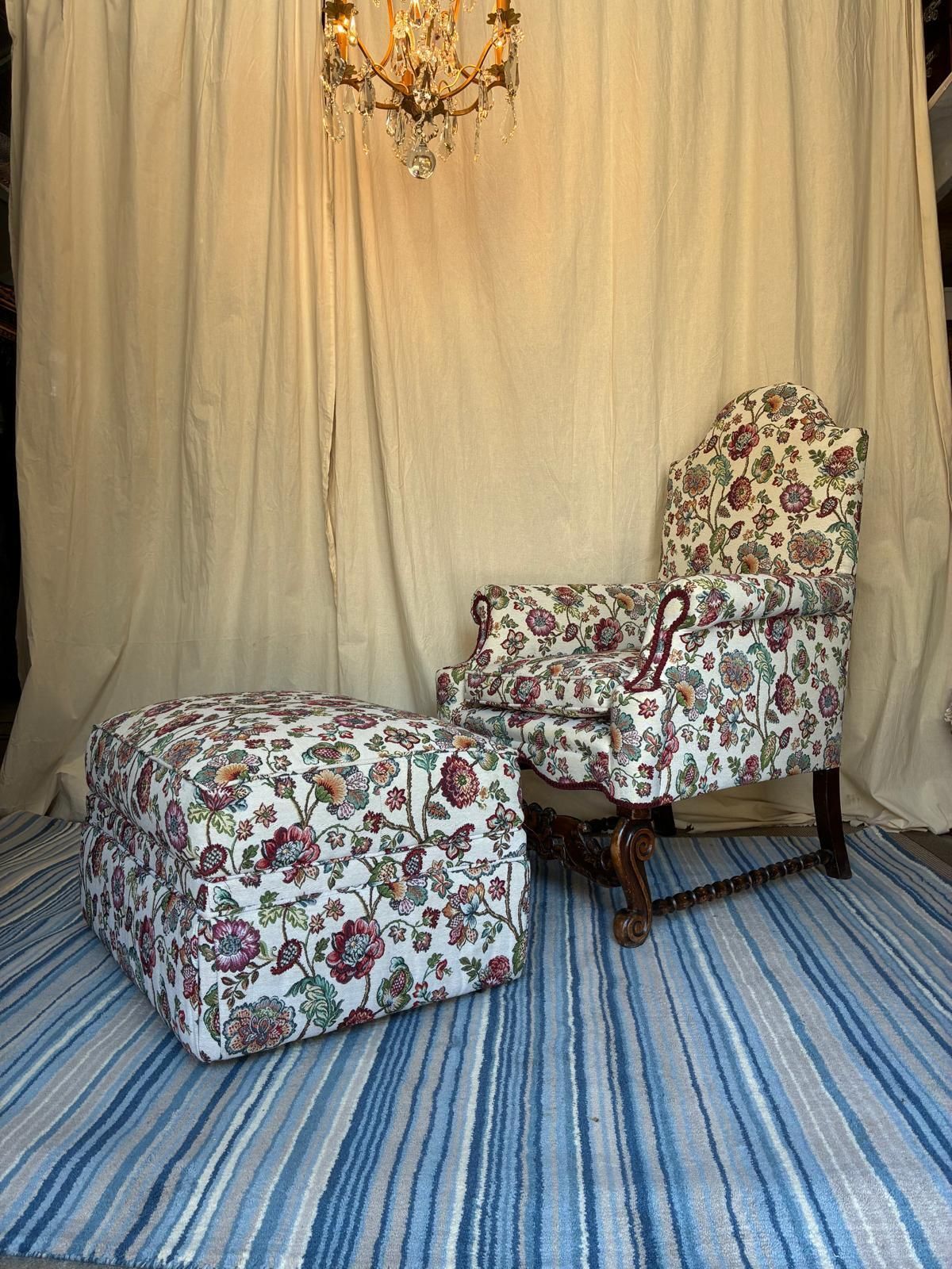 Antique Georgian Style Armchair New Upholstered With Modern Storage Footstool