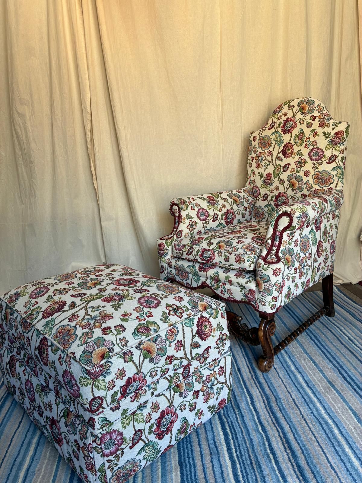 Antique Georgian Style Armchair New Upholstered With Modern Storage Footstool photo Furniture