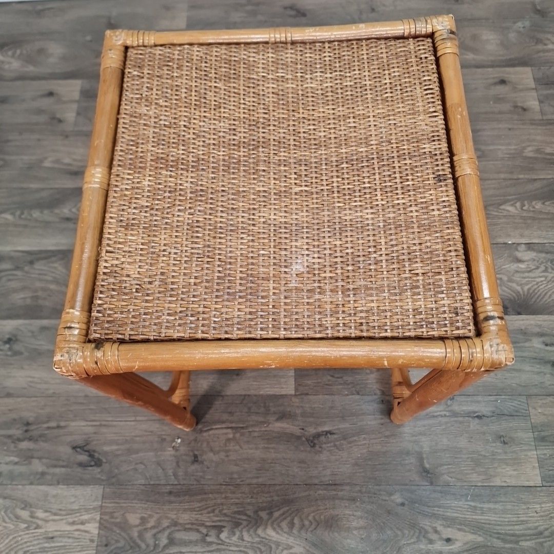 Vintage Rattan Side Table Cane Top Wicker Lamp Occasional Boho Bamboo Style photo 52.0
