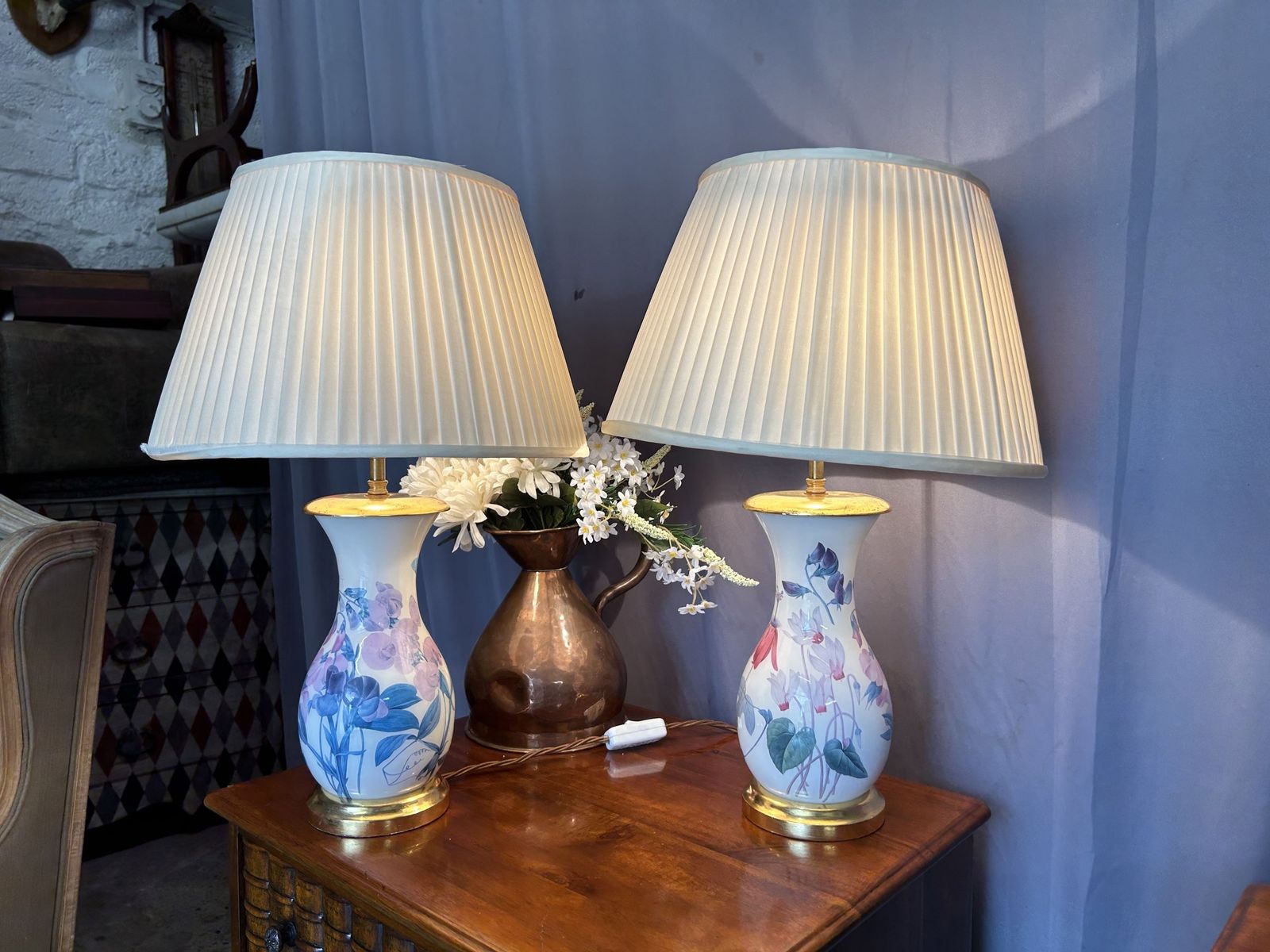 Pair Of Vintage Chinese Porcelain Lamps Floral Table Lights White Lamps