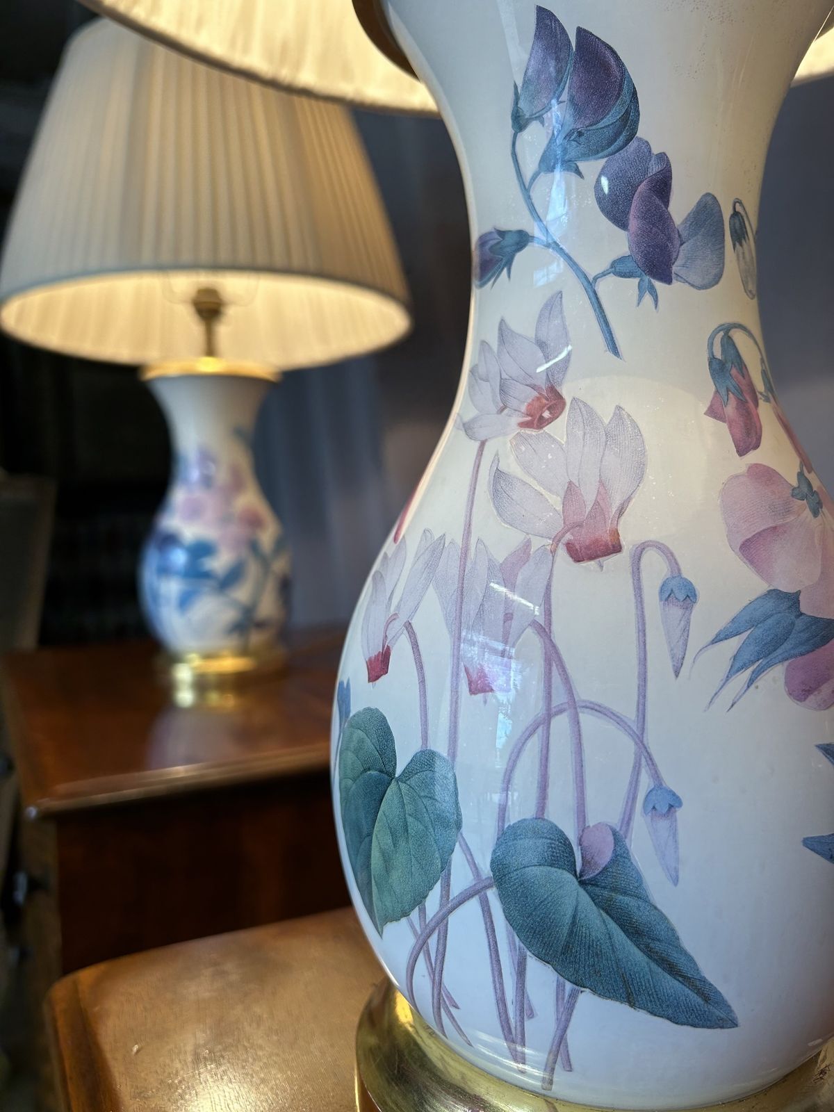 Pair Of Vintage Chinese Porcelain Lamps Floral Table Lights White Lamps photo for sale