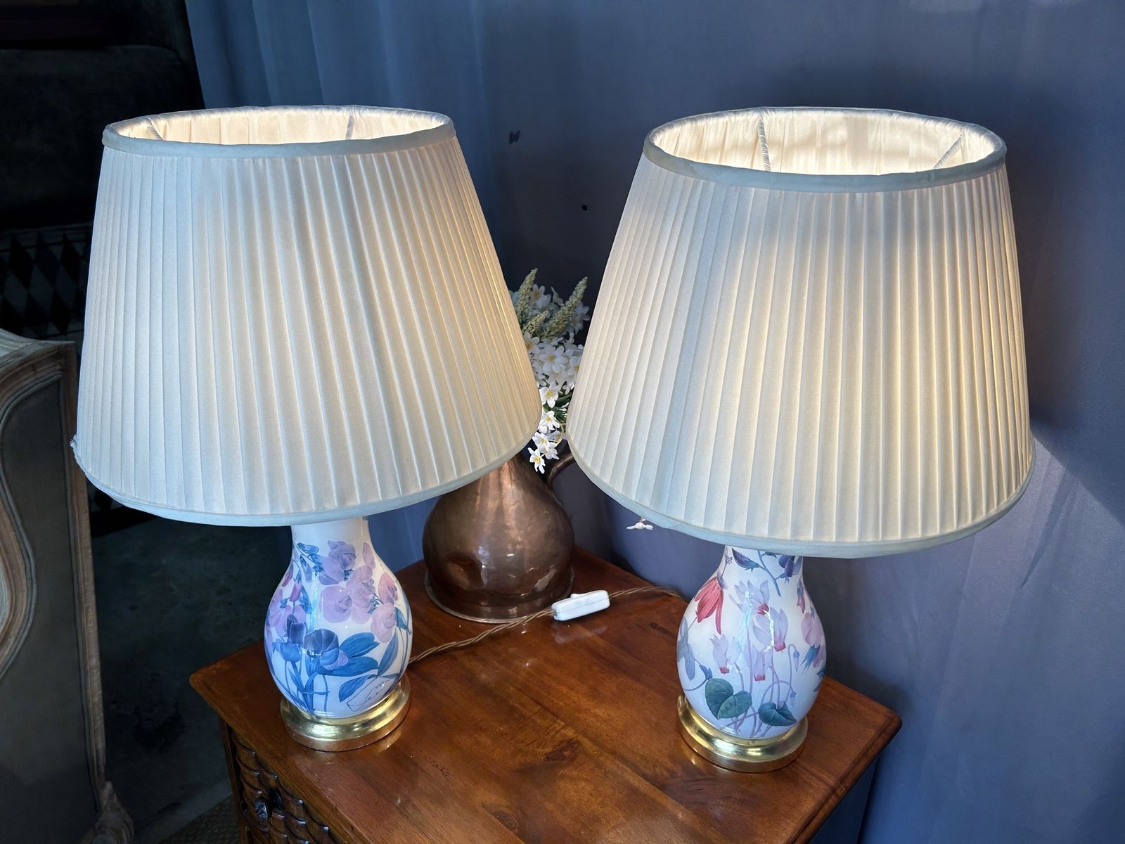 Pair Of Vintage Chinese Porcelain Lamps Floral Table Lights White Lamps photo buy