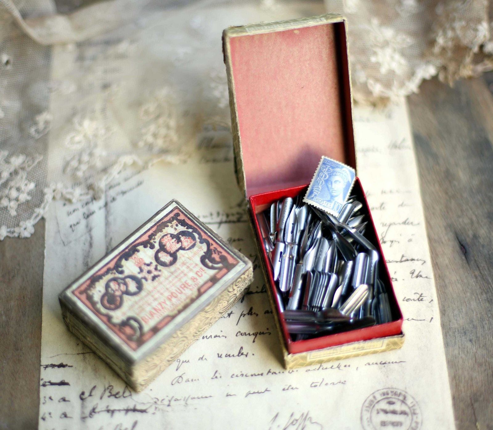 2 Boxes Of Antique French Ink Pen Nibs Advertising Box Blanzy Poure & Cie photo vinterior