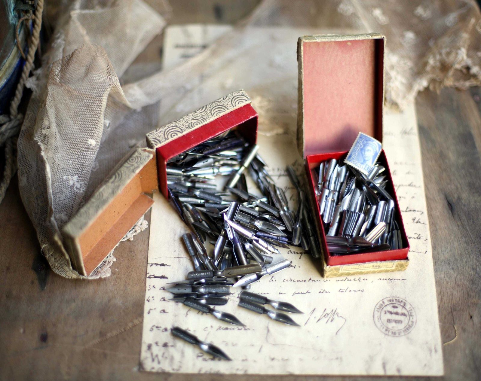 2 Boxes Of Antique French Ink Pen Nibs Advertising Box Blanzy Poure & Cie photo buy