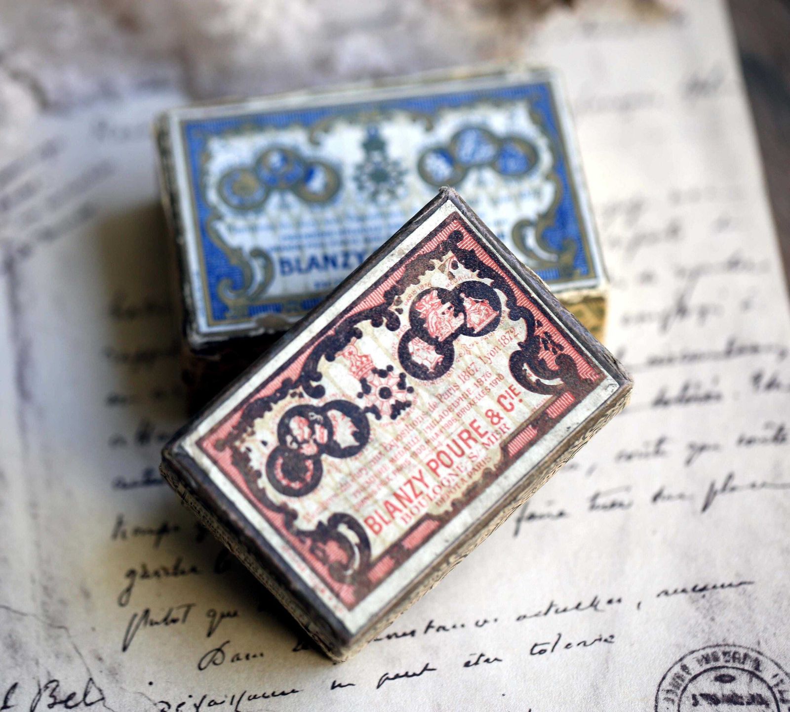 photo for sale 2 Boxes Of Antique French Ink Pen Nibs Advertising Box Blanzy Poure & Cie