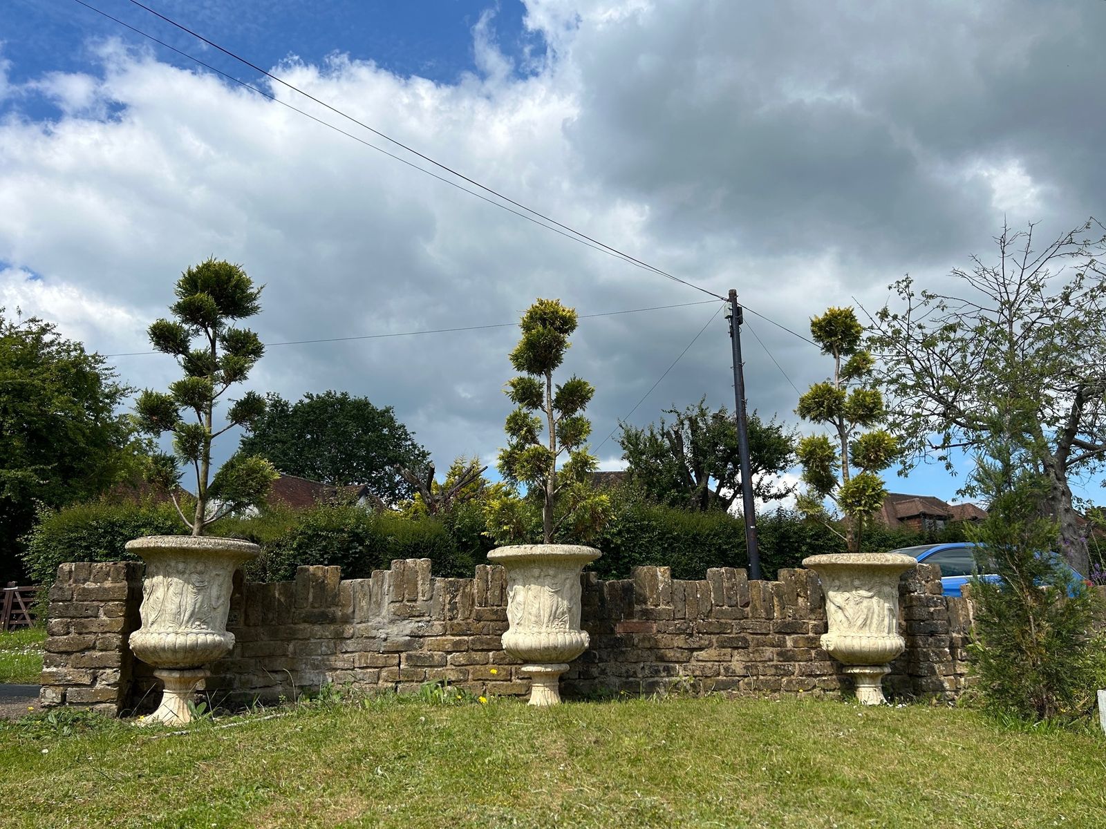 Set Of 3 Weathered Urns Planters With Cloud Trees Antique Style Garden Urns photo furniture