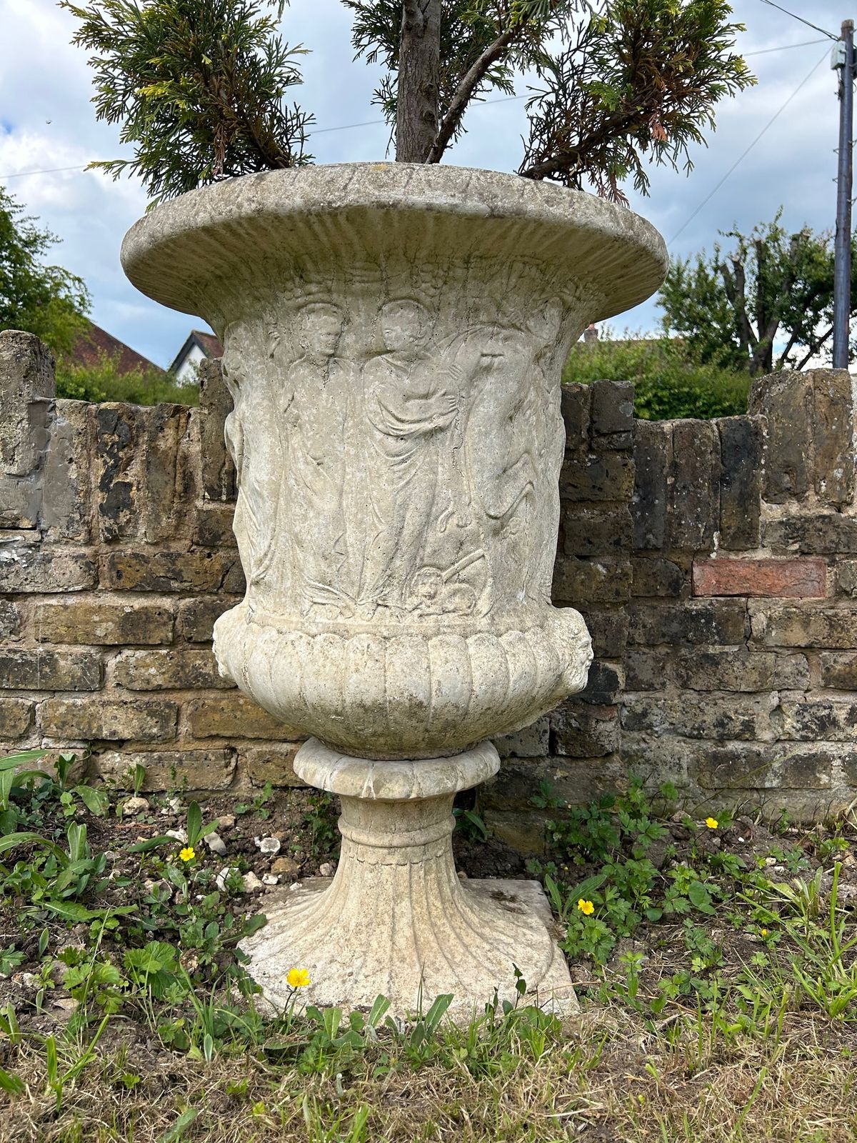 Set Of 3 Weathered Urns Planters With Cloud Trees Antique Style Garden Urns photo buy