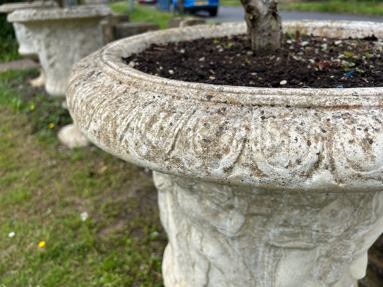 photo for sale Set Of 3 Weathered Urns Planters With Cloud Trees Antique Style Garden Urns