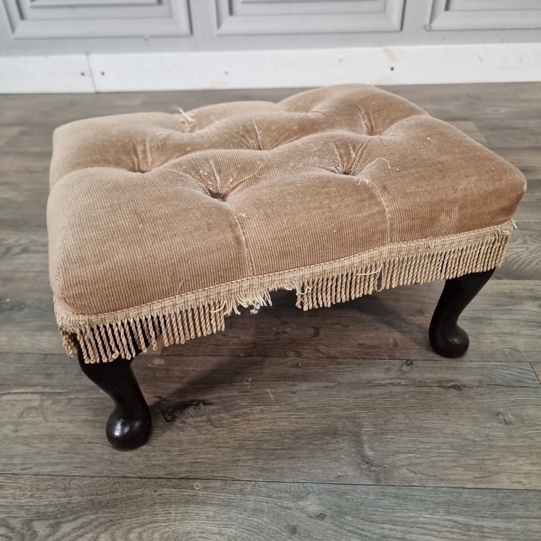 Vintage Tufted Foot Stool Queen Anne Style Upholstered Ottoman For Restoration