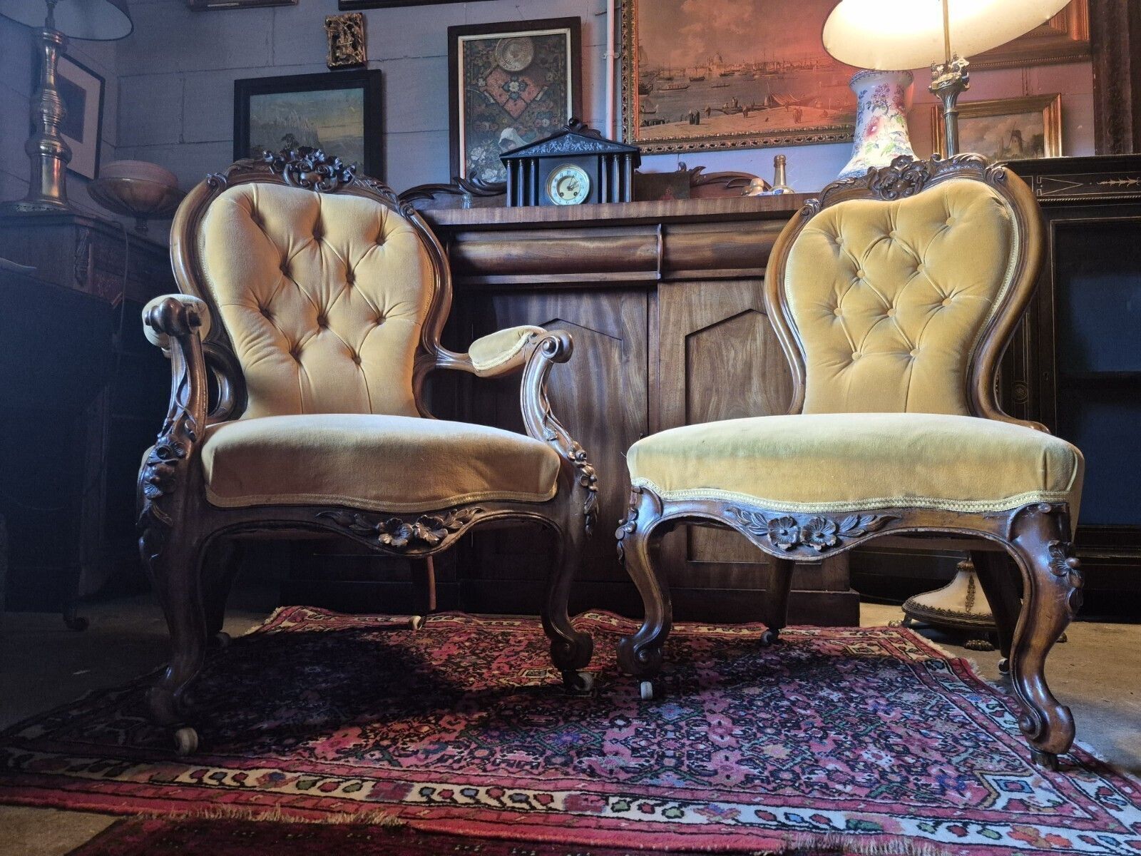 A Fab Pair Of Floral Carved Victorian Walnut Mustard Velvet Arm & Nursing Chairs photo furniture