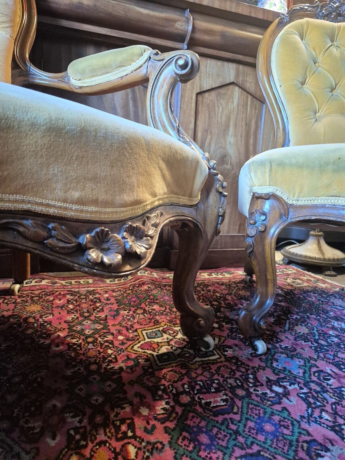 A Fab Pair Of Floral Carved Victorian Walnut Mustard Velvet Arm & Nursing Chairs photo Furniture