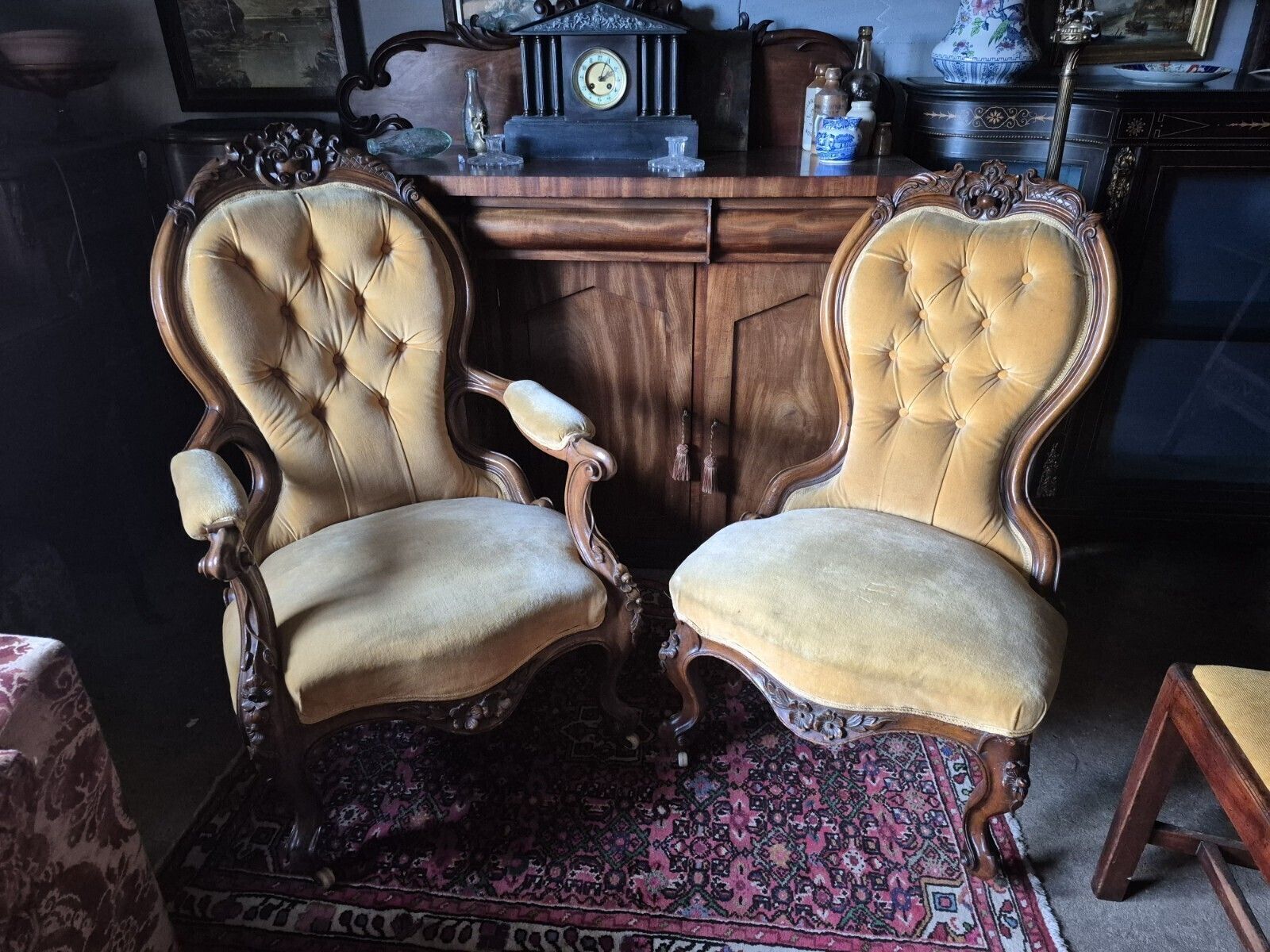 295.0 A Fab Pair Of Floral Carved Victorian Walnut Mustard Velvet Arm & Nursing Chairs photo