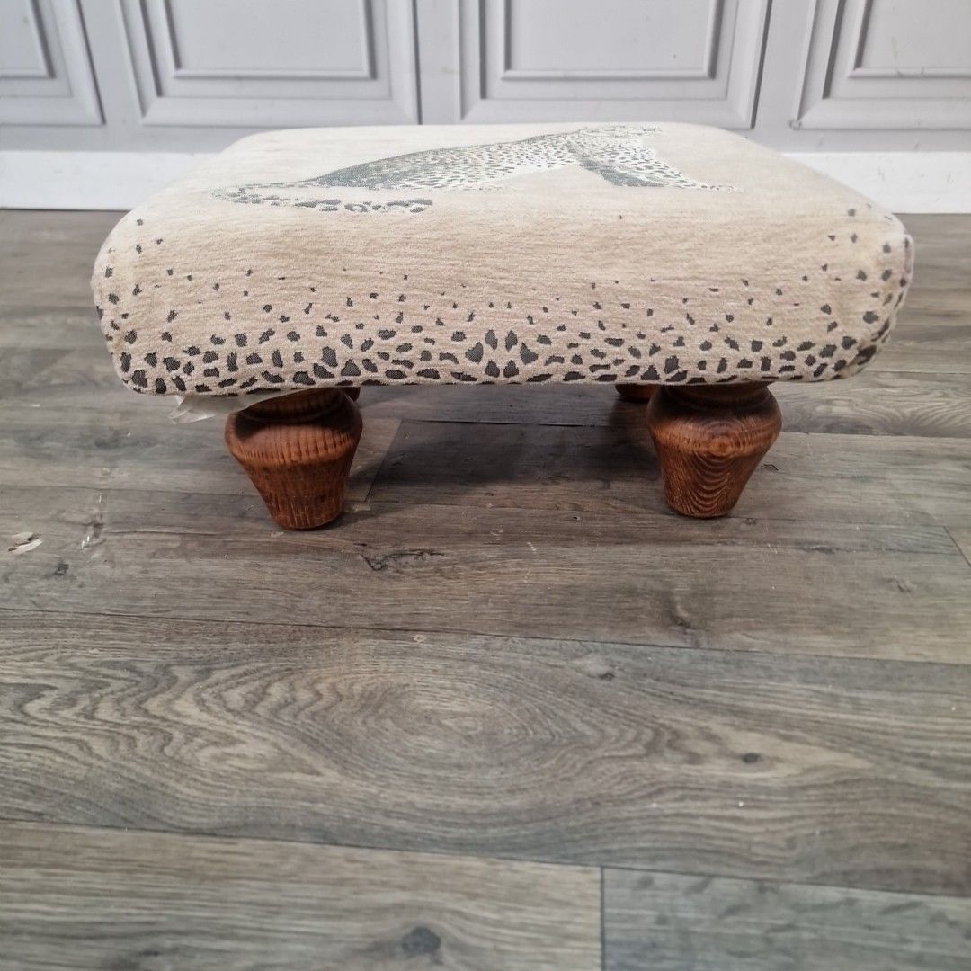 Vintage Small Leopard Footstool Upholstered Animal Print Ottoman Stool Pine Feet photo Furniture