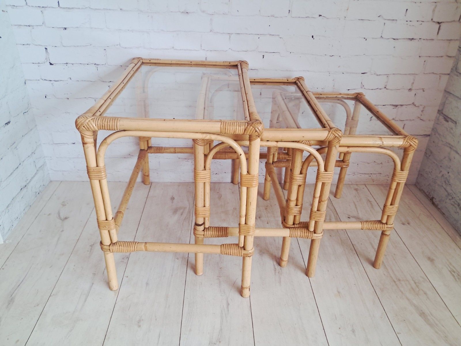 Furniture Vintage Bamboo Nest Tables Trio Glass Top Rattan Side Tables Boho Coastal 1970s photo