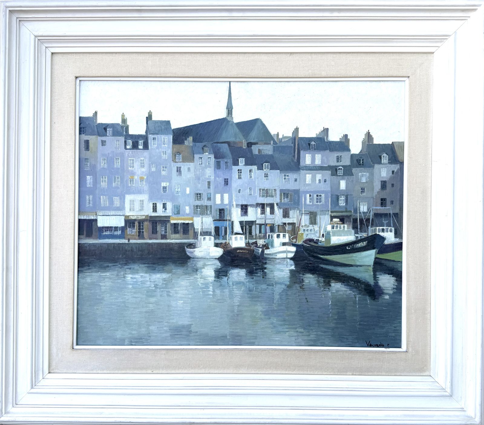 Josep Maria Vayreda Canadell Honfleur Normandy Harbor Oil Painting With Boats And Historic Architecture 1990s