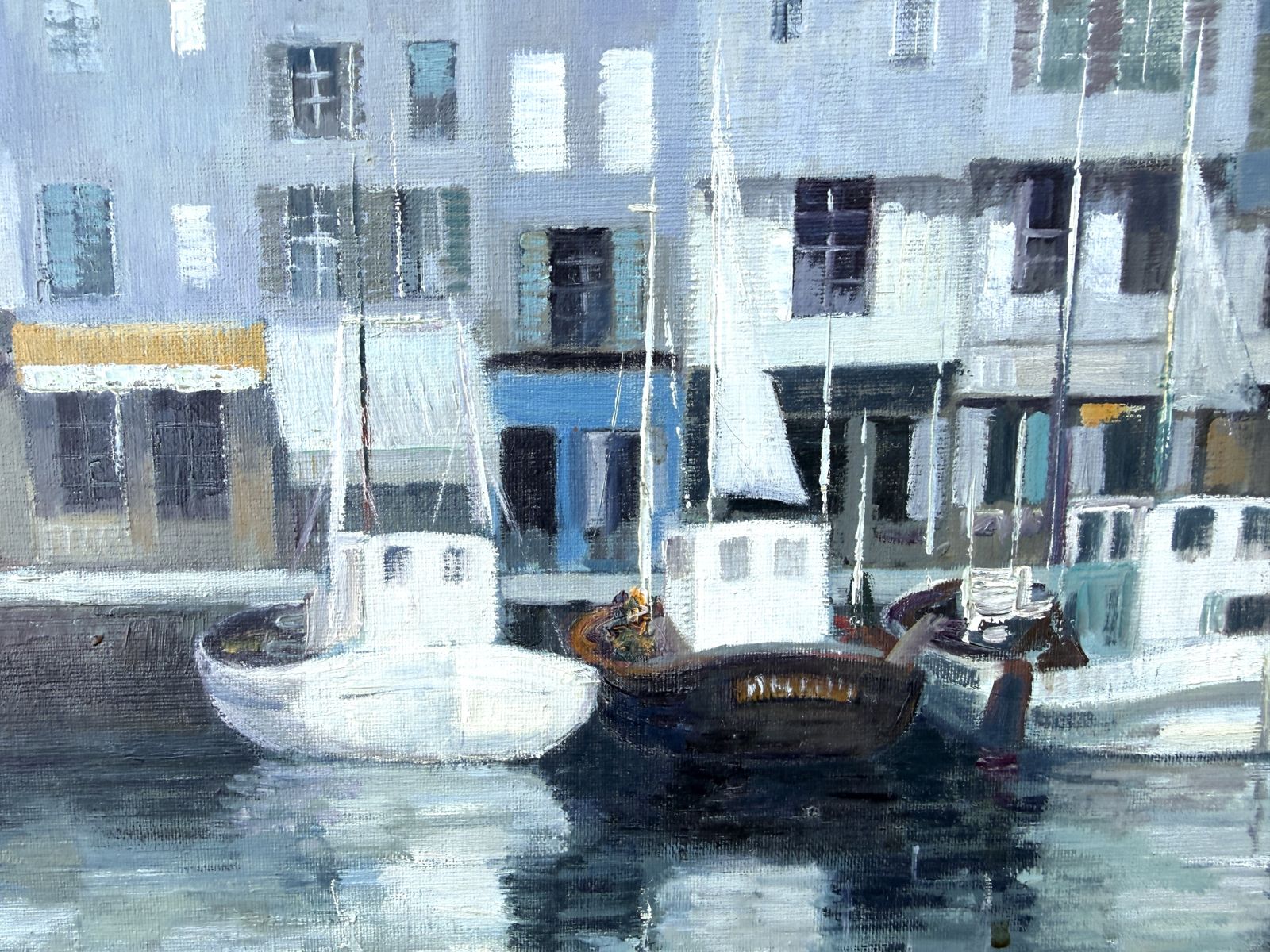 Peinture à l'huile Josep Maria Vayreda Canadell, port de Honfleur en Normandie avec bateaux et architecture historique, années 1990 photo 2600.0