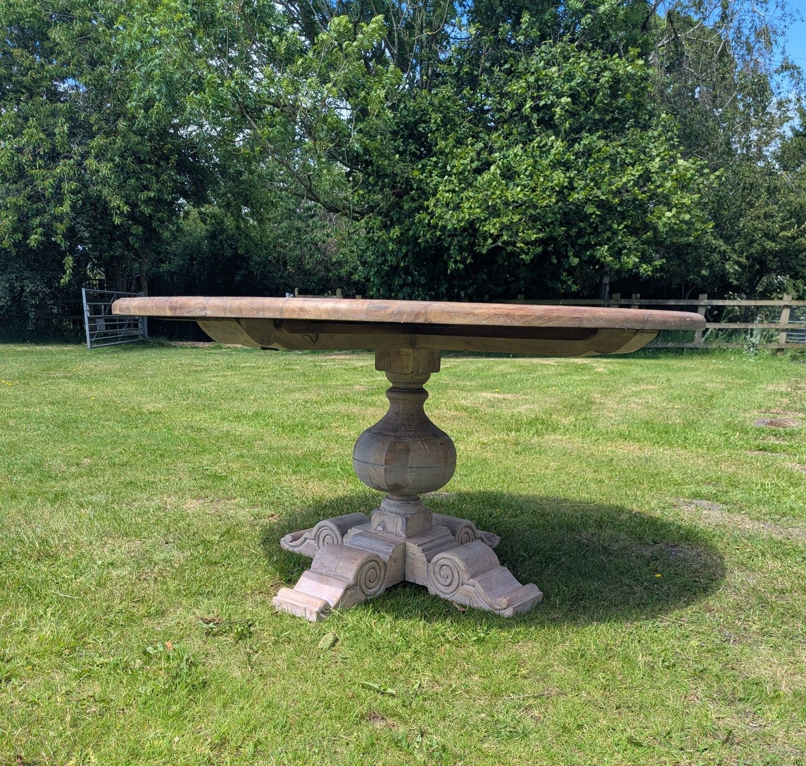 Large Vintage Acacia Wood Round Pedestal Table Delivery Available 0334. photo furniture