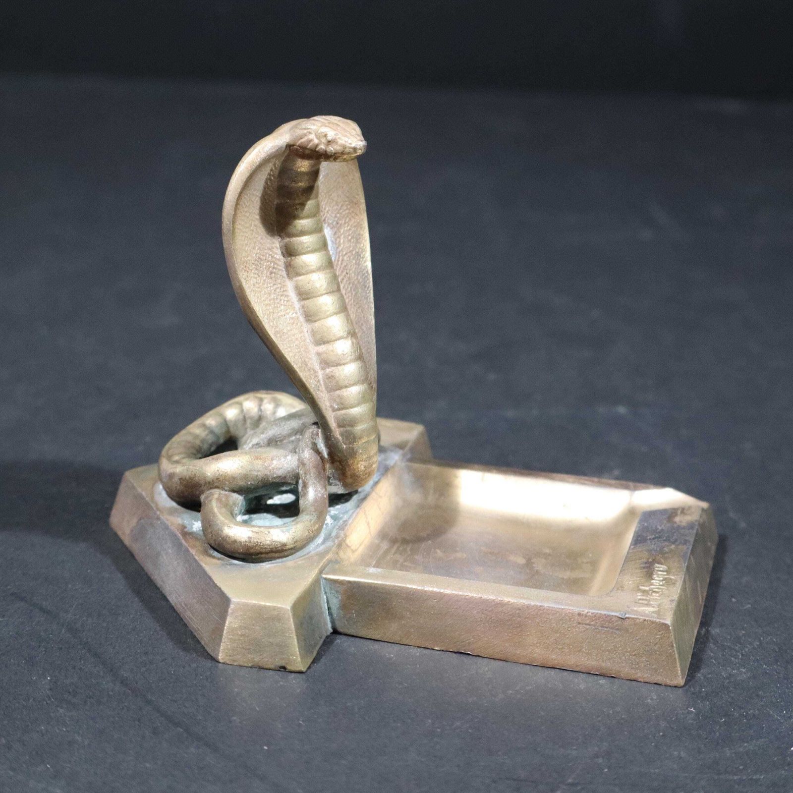 French Bronze Ashtray With Cobra Snake Sculpture By A. Pichegru, 1930s photo Art