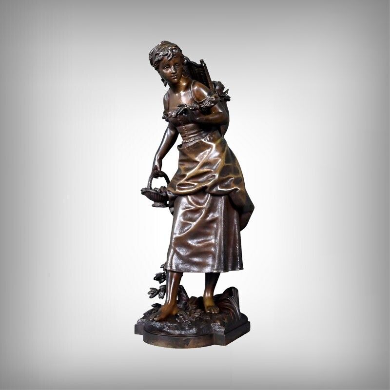 Bronze "Young Girl With A Basket" Signed E. Bouret – Late 19th Century