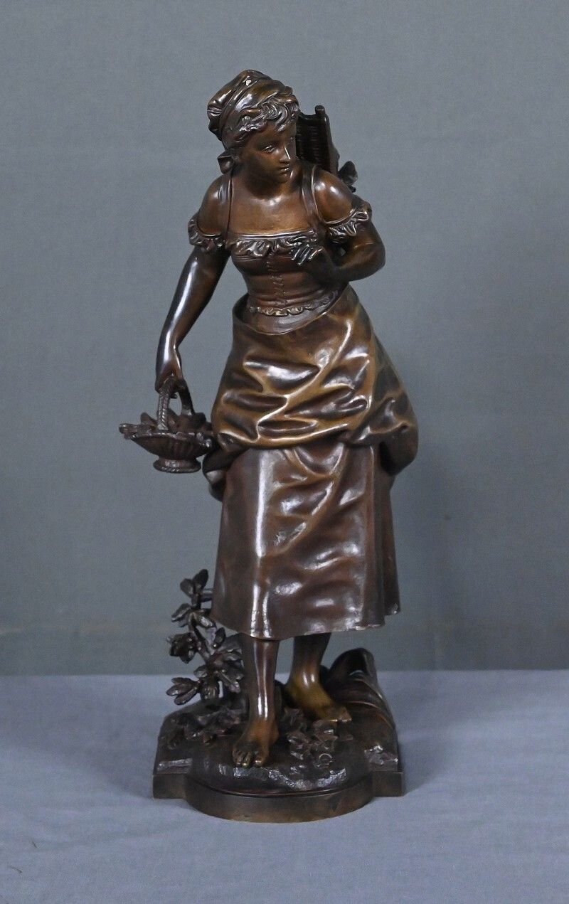 Bronze "Young Girl With A Basket" Signed E. Bouret – Late 19th Century photo for sale