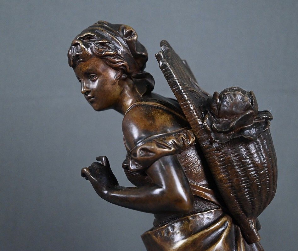 photo buy Bronze "Young Girl With A Basket" Signed E. Bouret – Late 19th Century
