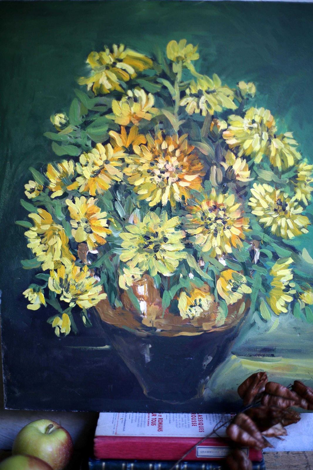 Original French Oil Painting On Canvas Yellow Sunflowers Flowers Floral Still Life Picture photo vinterior