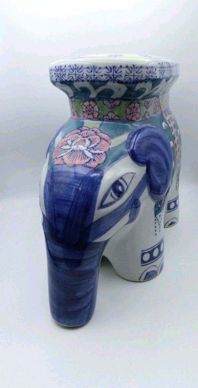 Vintage Chinoiserie Elephant Ceramic Plant Stand Garden Seat Planter Display Stool photo Garden Decor