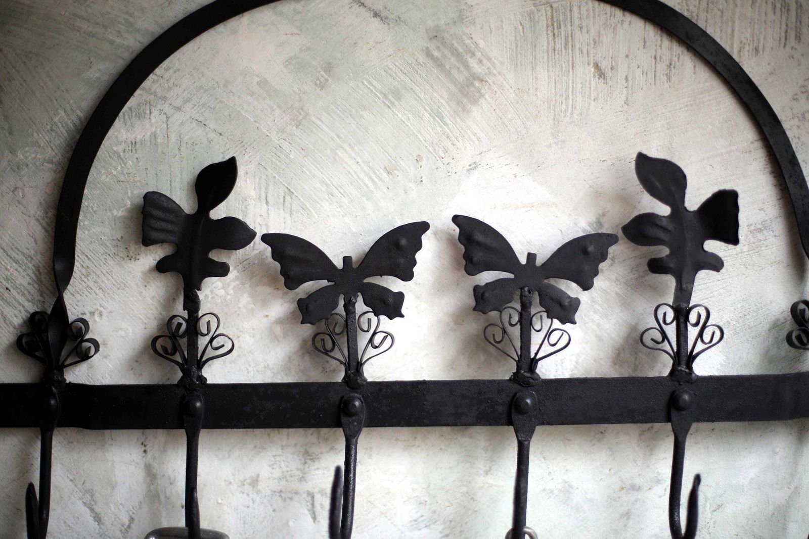 Antique Pan Rack Wall Mounted Pot Hanger Wrought Iron Hooks With Butterflies photo for sale